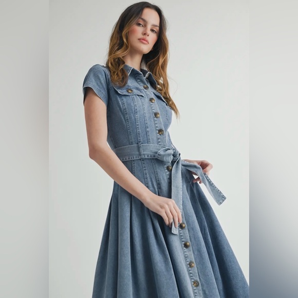 A293. Denim Button-Down Shirt Dress with Belted Waist - Picture 3 of 12